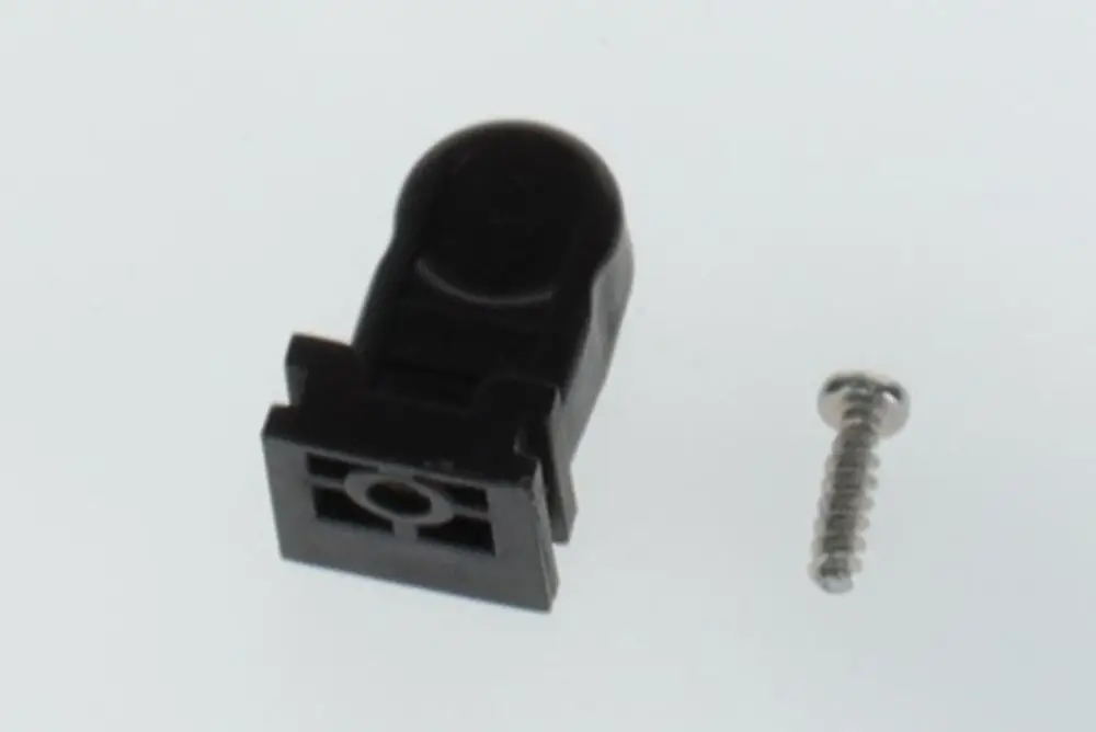 Schwarze Halterung von Bosch mit einem kleinen Schraube daneben, auf hellem Hintergrund.